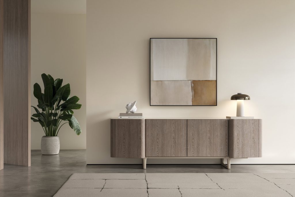 Modern sideboard dans un salon élégant avec plante et peinture murale, parfait pour un design d'intérieur contemporain par LEOPARD Furniture.