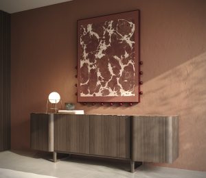 Modern walnut sideboard with art decor, styled in a luxury living room interior by LEOPARD Furniture, Canada.