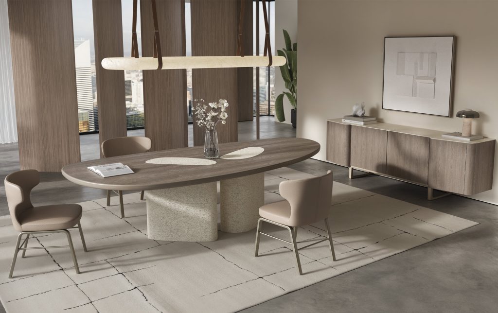 Modern dining room setup with an elegant oval table and chic chairs from LEOPARD Furniture, showcasing luxury design.