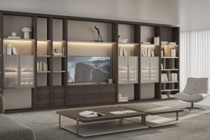 Sophisticated modern living room setup by LEOPARD Furniture with elegant wall unit and plush seating area.