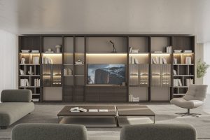 Modern living room with LEOPARD Furniture's luxury bookshelf and elegant seating, showcasing high-end interior design.