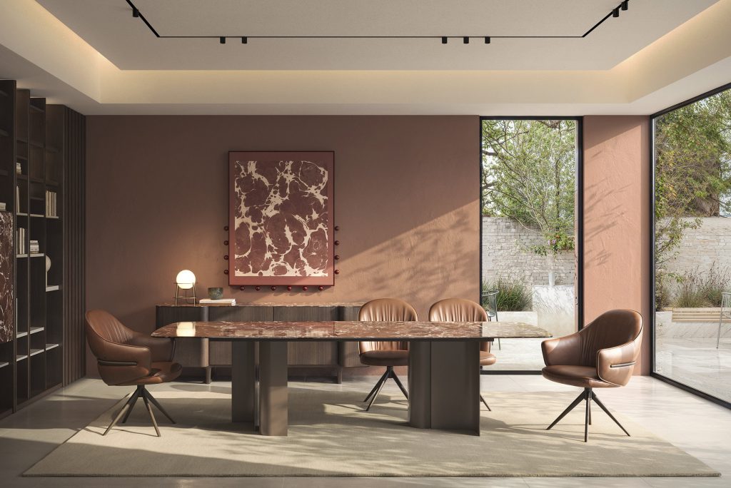 Luxurious dining set in modern minimalist interior by LEOPARD Furniture, featuring marble table and leather chairs in Canada.