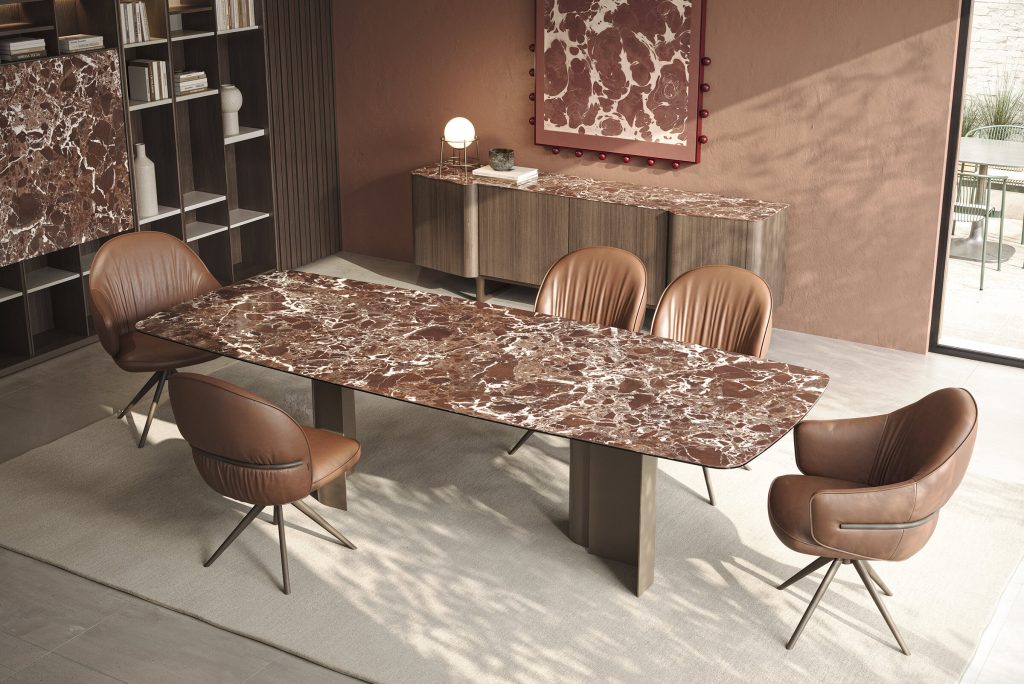 Marbre élégant table à manger moderne avec chaises en cuir, style contemporain chez LEOPARD Furniture Canada.