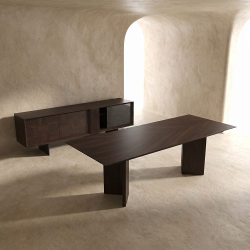 Contemporary dining set with a sleek walnut finish in rustic archway interior by LEOPARD Furniture, Canada.