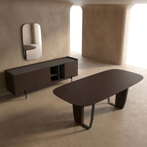 Salle à manger moderne avec table rectangulaire en bois foncé et buffet, design d'intérieur contemporain LEOPARD Furniture.
