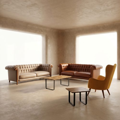 Salles de séjour modernes avec canapés Chesterfield en cuir par LEOPARD Furniture Canada, design d'intérieur haut de gamme.