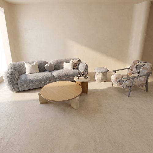 Modern Scandinavian living room with LEOPARD Furniture's plush sofa, round wooden coffee table, and patterned armchair.