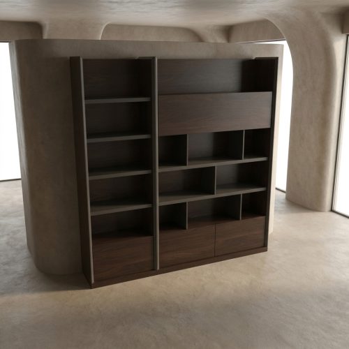 Étagère en bois moderne dans un intérieur élégant, conçue par LEOPARD Furniture, magasin haut de gamme au Canada.