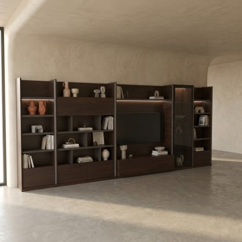 Elegant wall-mounted entertainment unit in dark wood, modern minimalist design from LEOPARD Furniture Canada.