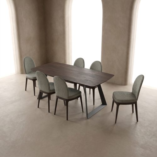 Table de salle à manger en bois et chaises design moderne, intérieur épuré chez LEOPARD Furniture Canada.