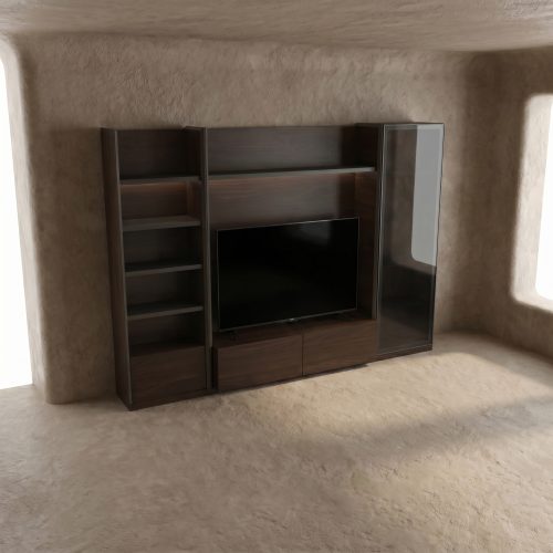 Meuble TV moderne en bois sombre dans un salon minimaliste par LEOPARD Furniture Canada.