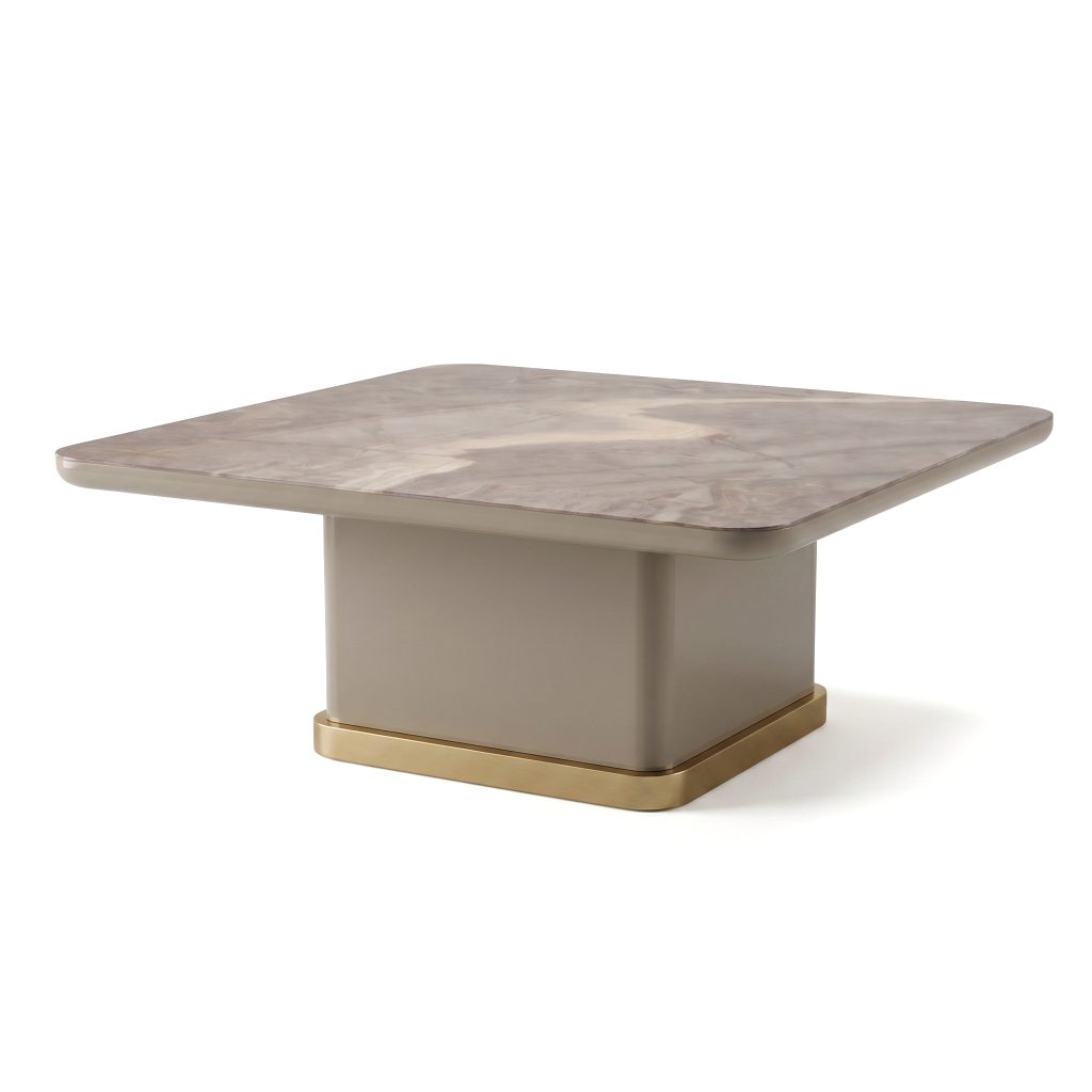 Modern marble square coffee table with gold base by LEOPARD Furniture on white background, ideal for luxury interiors.