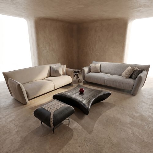 Contemporary minimalist living room with luxury designer sofas and coffee table by LEOPARD Furniture in Canada.