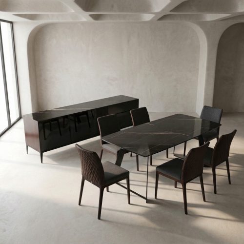 Table à manger moderne avec dessus en marbre et chaises en cuir, style minimaliste, par LEOPARD Furniture Canada.
