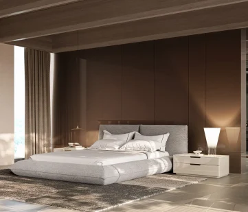 Lit contemporain et minimaliste avec table de chevet, design intérieur moderne par LEOPARD Furniture, Canada.