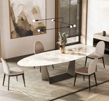 Salle à manger de luxe avec table ovale en marbre et chaises élégantes, design moderne de LEOPARD Furniture Canada.