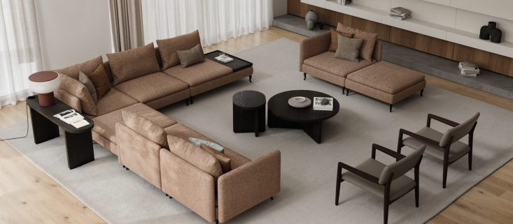 Salon canadien moderne avec le luxueux canapé sectionnel de LEOPARD Furniture, un décor minimaliste et d'élégantes touches de bois.