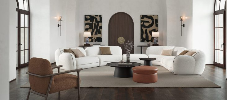 Salon contemporain de luxe avec sectionnel incurvé, fauteuil moderne, par LEOPARD Furniture, Canada.