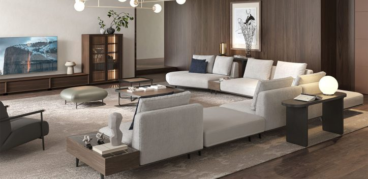 Salon contemporain de luxe avec canapés sectionnels modulaires et lustre chic par LEOPARD Furniture, Canada.