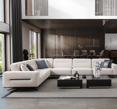 white modular sectional sofa with mechanism in a modern living room design