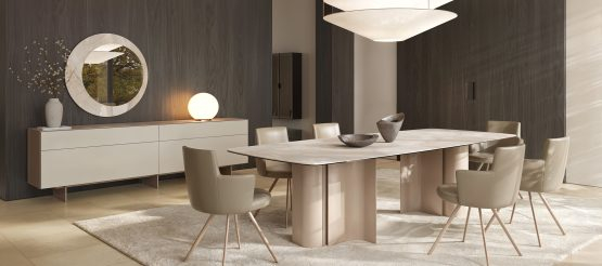 Luxueux ensemble de salle à manger beige moderne avec table en marbre et chaises en cuir par LEOPARD Furniture, design d'intérieur élégant.