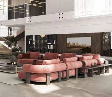 Luxueux salon moderne avec canapés rouge par LEOPARD Furniture, design intérieur spacieux et élégant au Canada.