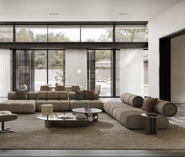 Luxueux salon moderne avec canapé sectionnel en peluche, fauteuils d'appoint et décor design de LEOPARD Furniture, Canada.