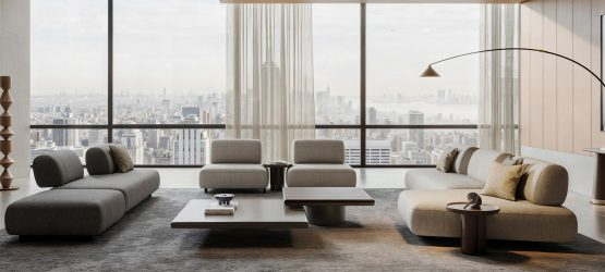 Luxurious moderne salon avec canapés élégants de LEOPARD Furniture, vue panoramique sur la ville, design contemporain.